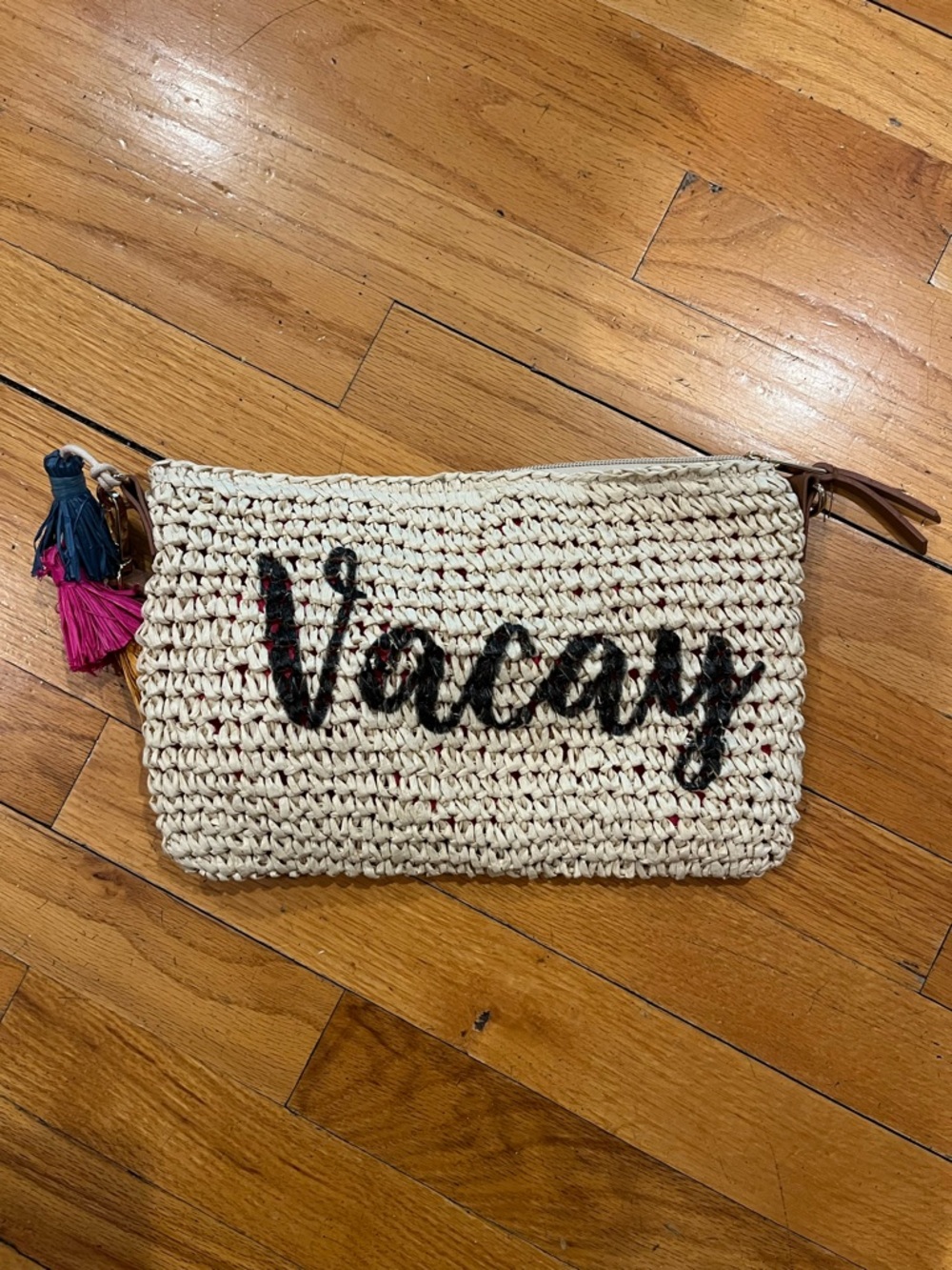 INC International Concepts Cream Woven Clutch with Navy & Pink Tassels